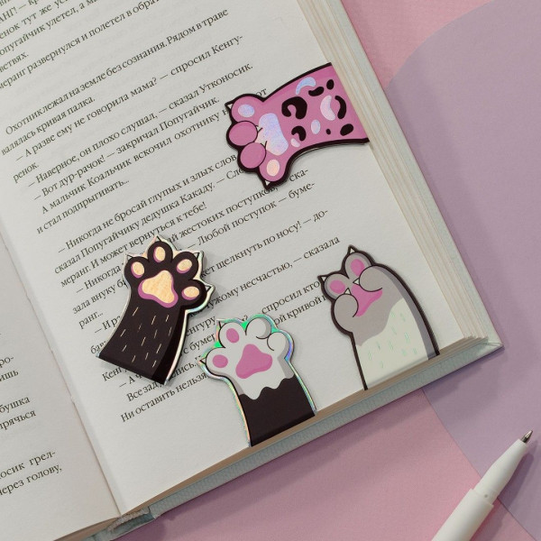 Закладки магнитные для книг 4 шт MESHU "Paws" соф-тач, голографическая фольга RE-MS_58302